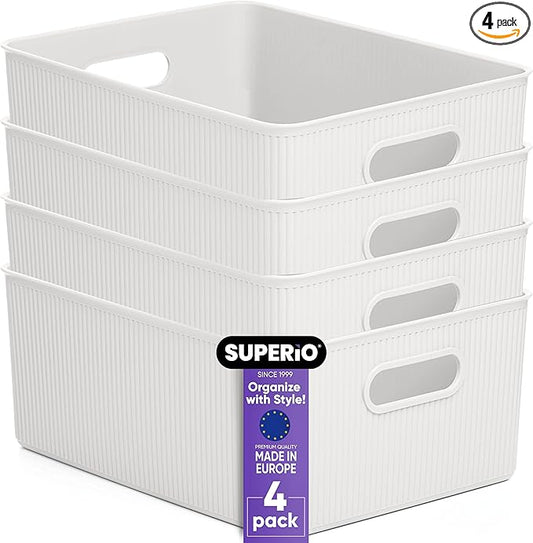 Superio Ribbed Collection - Decorative Plastic Basket Open Home Storage Bins Organizer, Large White (4 Pack) Container Boxes for Organizing Closet Storage Bins for Shelves 15 Liter/16 Quart