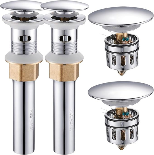 Bathroom Sink Drain with Detachable Hair Catcher Basket, Pop Up Drain Stopper with Overflow Anti-Clogging Vanity Vessel Sink Drain, Polished Chrome 2 Pack All Metal, RM083H-P2