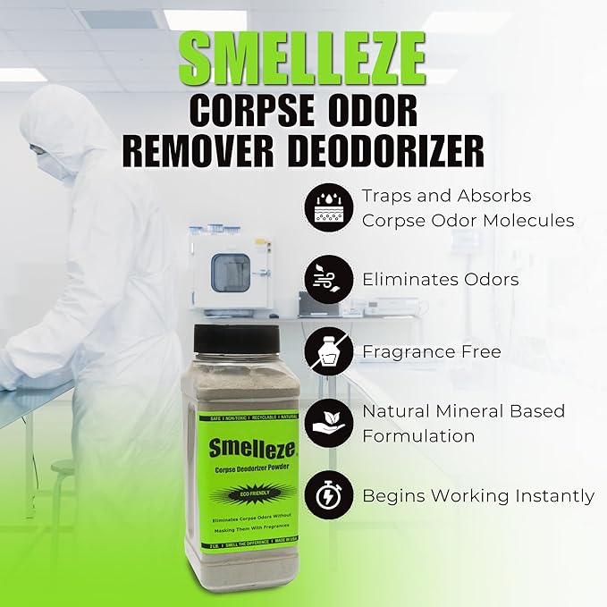 SMELLEZE Natural Corpse Odor Absorbent & Deodorizer Powder - Deodorizes Morgues, Funeral Homes, Hospitals, Nursing Homes, Ambulances, Body Bags & Furniture, 2 lb. Powder