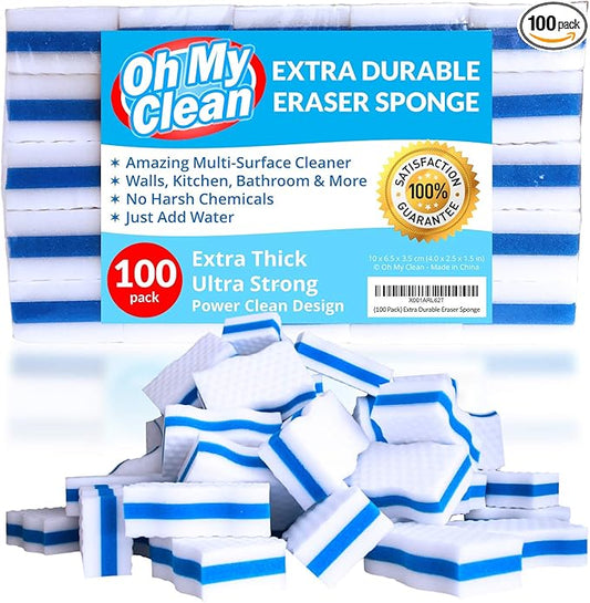 (100 Pack) Extra Durable Eraser Sponge – Extra Thick, Long Lasting Magic Melamine Cleaning Sponges in Bulk – Foam Pads for Walls, Kitchen, Bathroom, Floor & Baseboard Cleaner