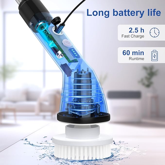 Electric Spin Scrubbers, Cordless Cleaning Brush, Versatile Floor Tile Scrubber Dual Speed with 6 Replaceable Heads and Adjustable Extension Handle for Efficient Bathroom Tub and Floor Cleaning-White