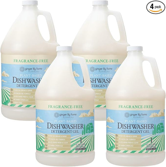 Ginger Lily Farms Botanicals Plant-Based Dishwasher Detergent Gel, 100% Vegan & Cruelty-Free, Fragrance-Free, 1 Gallon Refill (Pack of 4)