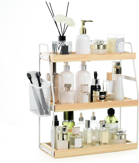 Bathroom Counter Organizer, 3-Tier Standing Storage Shelf with Basket, Wood Tray for Skincare Vanity Organizer(White)