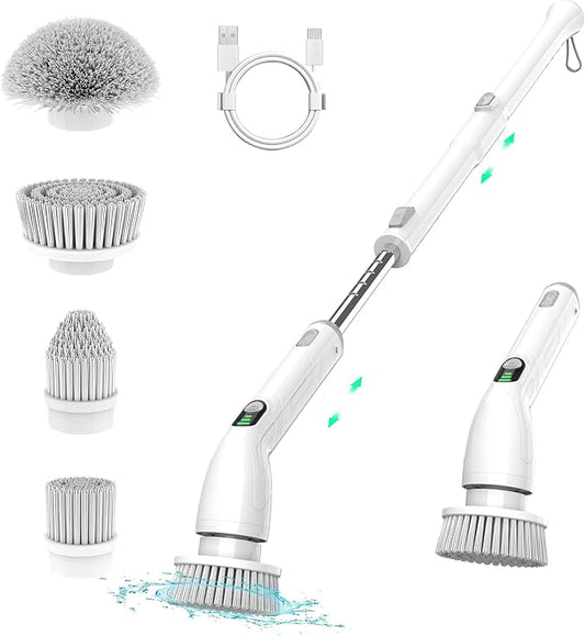 Electric Spin Scrubber, 2024 New Full-Body IPX7 Waterproof Cordless Bathroom Scrubber with 4 Replaceable Heads, Adjustable Extension Handle, Shower Cleaning Brush for Bathtub, Grout, Tile, Floor