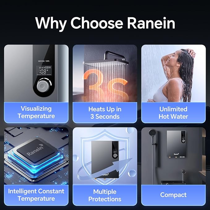 Ranein 18kW Electric Tankless Water Heater, 240V On Demand Instant Endless Water Heater with LED Temperature Display, Control Knob, Space Saving Design, Up to 4.3 GPM for Whole House Water