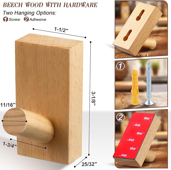Natural Wooden Wall Hooks, Adhesive & Screw Mount Coat and Towel Hooks - Decorative Key Holder, Hat Rack, Stocking Wall Hangers for Bathroom Entryway Closet - 6 Pack, Beech Wood