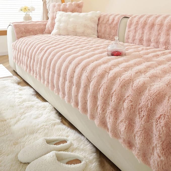 Soft Warm Faux Fur Couch Sofa Cover Thick Shaggy Fuzzy Sectional Couch Cover Non-Slip Solid Color Plush Sofa Slipcover Furniture Protector for Kids, Pets (Pink,36"x70")