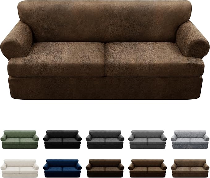 3-Pieces T Cushion Sofa Slipcovers Leather Look Couch Cover for 2 Cushion Couch Furniture Protector Stretch Sofa Cover with 2 Individual T Cushion Seat Covers Washable, Brown