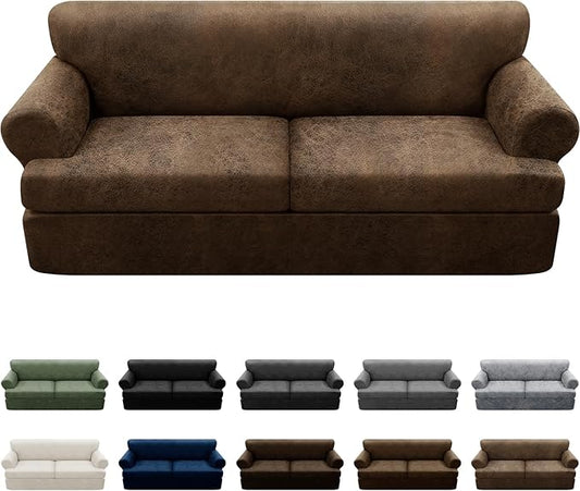 3-Pieces T Cushion Sofa Slipcovers Leather Look Couch Cover for 2 Cushion Couch Furniture Protector Stretch Sofa Cover with 2 Individual T Cushion Seat Covers Washable, Brown
