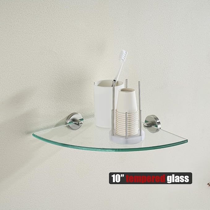 JQK Corner Glass Shelf, Brushed Steel Bathroom 304 Stainless Steel Shower Triangle Floating Wall Shelf, 10 x 10 Tempered Glass, 3 Pack, TGS190L10-BN-P3