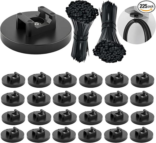 Magnetic Zip Tie Mount Set, 25 Magnetic Cable Tie Mounts with 200 Cable Ties, Strong Wire Management Cables Holder, Multipurpose Electrical Cord Management Cord Holders Organizer (43mm)