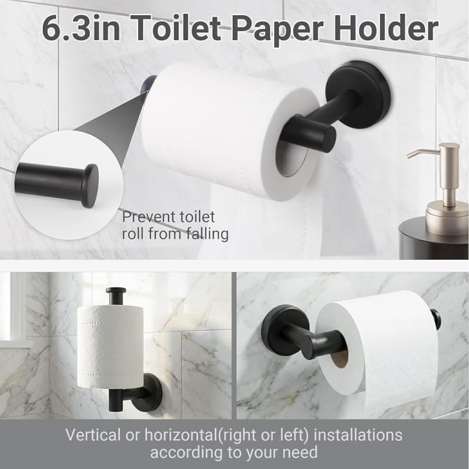 24 Inch Usable Towel Bar, 5-Piece Matte Black Bathroom Accessories, SUS304 Stainless Steel Towel Ring Holder, Toilet Paper Holder with 2 Hooks, Wall Mounted Modern Bathroom Hardware Set