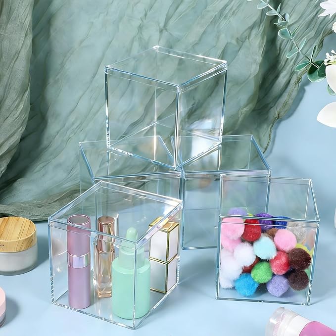 12 Pcs Clear Acrylic Box with Lid, 4 x 4 Inch Square Decorative Storage Container for Candy, Little Trinkets, and Jewelry Display