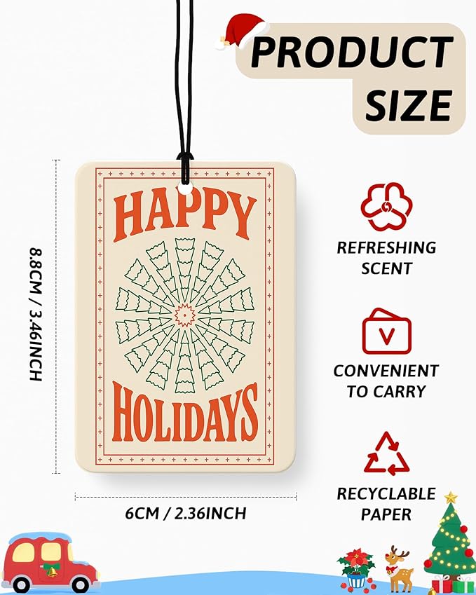 Retro Boho Christmas Car Air Freshener 4 Pcs, Hohoho Xmas Tree Lights Holiday Hanging Air Freshener for Cars Closet Drawer Books, Christmas Car Accessories Mirror Decor for Women Girls