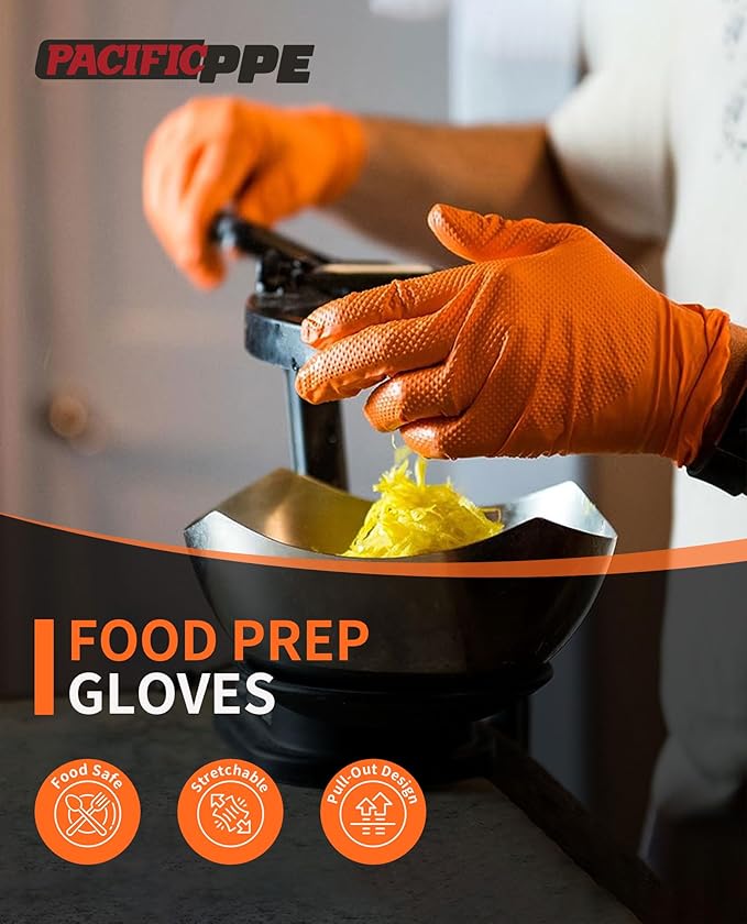 PACIFIC PPE 8 Mil Heavy-Duty Strength Nitrile Gloves, Chemical Resistant, Diamond Texture Industrial Disposable Gloves, Orange, 100PCs, XX-Large