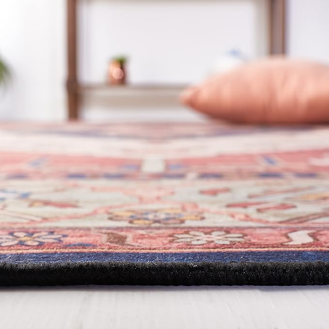 SAFAVIEH Washable Rug Tucson Collection - 2'6" x 14' Runner, Rust & Blue, Slip Resistant & Easy to Clean, Ideal for Living Room, Hallway, Foyer, Entryway, Bedroom (TSN153P)