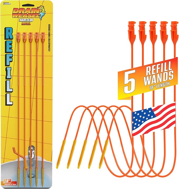 FlexiSnake Drain Weasel Refill - Sink Snake Hair Clog Remover Tool, Sink, Pipe, Bathroom, Bathtub Drain Cleaner, 18-inch Long Flexible Disposable Wands, Made in The USA, 5 Pack