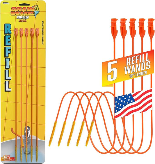 FlexiSnake Drain Weasel Refill - Sink Snake Hair Clog Remover Tool, Sink, Pipe, Bathroom, Bathtub Drain Cleaner, 18-inch Long Flexible Disposable Wands, Made in The USA, 5 Pack