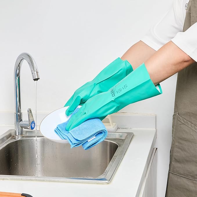 Restaurantware Green Cleaning Gloves 10 Pairs 15 Mil Thick Large Heavy-Duty Nitrile Gloves With Long Cuff No-Latex Flock Lining For Use In Hospitals, Laboratories, Kitchens and Households