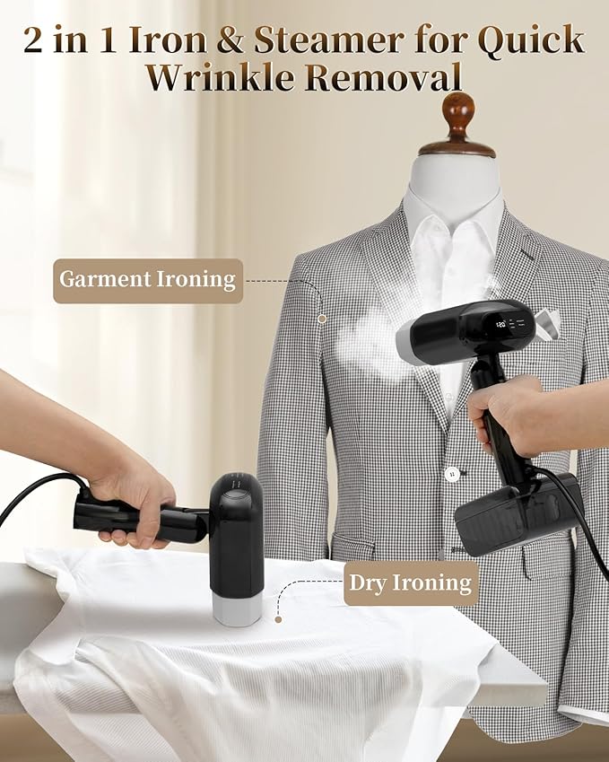 2025 Upgrade Steamer for Clothes, 2 in 1 Iron & Steamer for Quick Wrinkle Removal, 5 Adjustable Grades Temperature with LED Digital Display for Home, Office and Travel Use