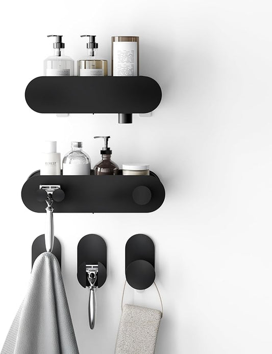 Zenna Home Adhesive Shower Caddy Baskets and Hooks Set, 5-Piece Bathroom Organizers and Storage, Shower Shelves and Hooks, No Drilling, Bathroom Accessories for Shower Storage, Matte Black