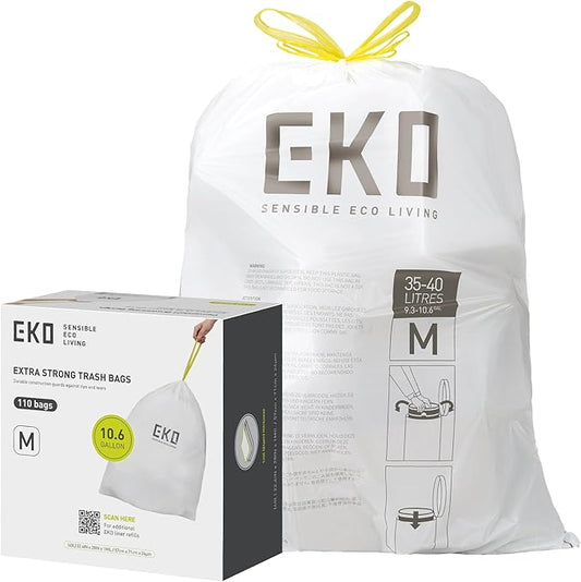 EKO 10.6 Gallon / 35–40 Liter Drawstring Trash Bags, 110 Count Heavy-Duty Tall Kitchen Garbage Can Liners, Extra-Strong Leak-Resistant, Unscented, White, Code M