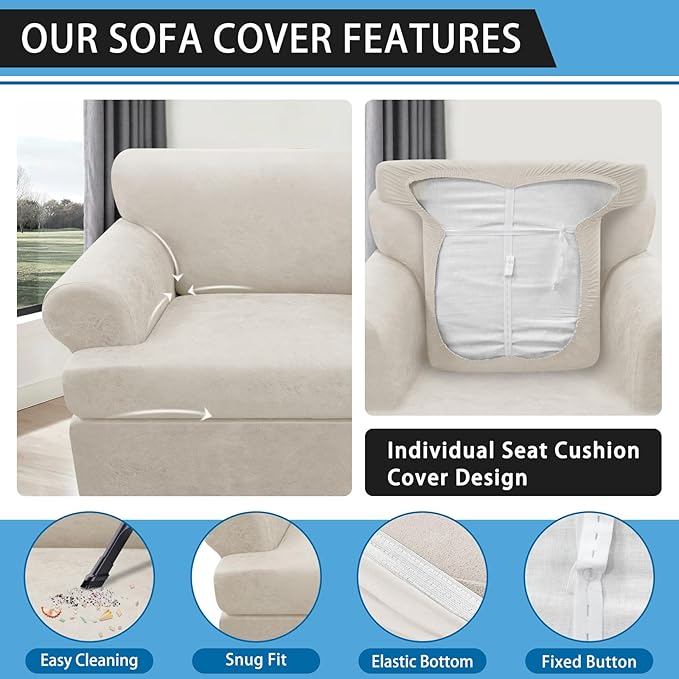 2-Pieces T Cushion Armchair Slipcovers Leather Look Couch Cover Chair Covers Stretch Furniture Protector Sofa Cover with 1 Individual T Cushion Seat Cover Slipcover Sets Washable, Beige