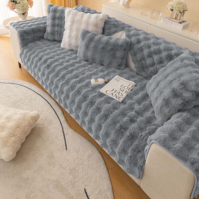 Soft Warm Faux Fur Couch Sofa Cover Thick Shaggy Fuzzy Sectional Couch Cover Non-Slip Solid Color Plush Sofa Slipcover Furniture Protector for Kids, Pets (Dark Grey,43"x94")
