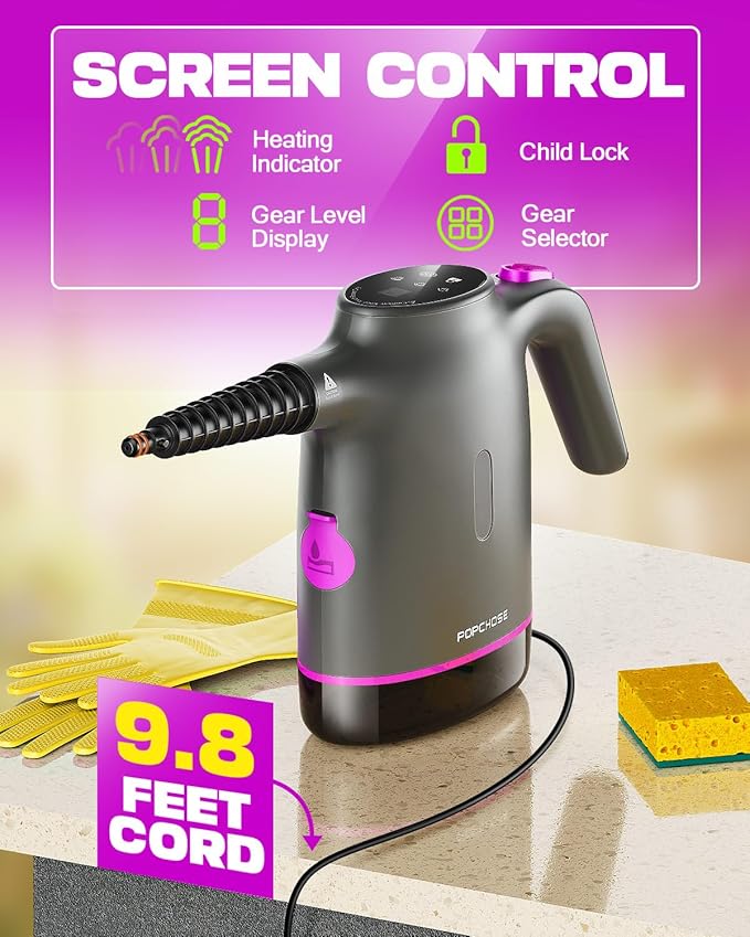 POPCHOSE Handheld Steam Cleaner for Home, Portable Pressurized Steamer for Cleaning Grout, Surfaces, Bathroom, Couch, 20S Fast Heat Up, 12 Accessories, Steam Adjustable, Safety Lock, Graypurple