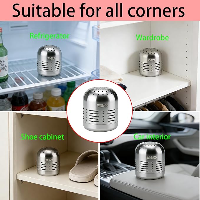 WNNOO Refrigerator Deodorizer，Lasts for 10 Years，Stainless steel Fridge Deodorizer More Effective Than Baking Soda Bamboo Air Purifying Bagsz ，Refrigerator Odor Eliminator Silver color。