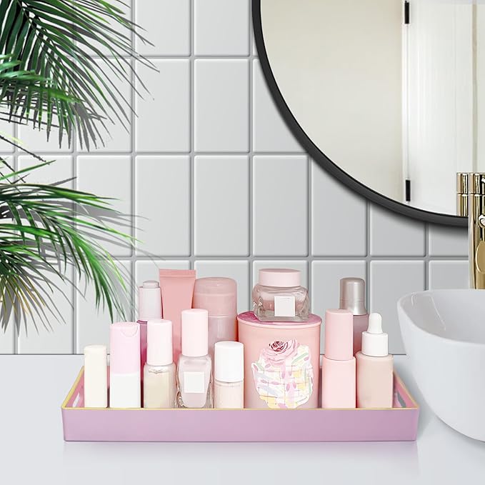 MAONAME Pink Vanity Tray, Bathroom Counter Tray, Decorative Trays with Handles, Storage Dresser Trays Organizer for Perfume, Jewelry, Makeup, 13.8" x 6" x 1.57"