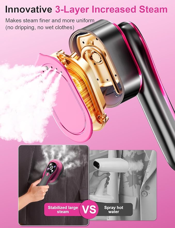 Travel Garment Steamer for Clothes with LED Display, 1200W Portable Handheld Steamer ＆ Iron 2 In 1, 10s Fast Heat Up, Large Ceramic Heat Panel, All-Fabric Quick Wrinkle Remover