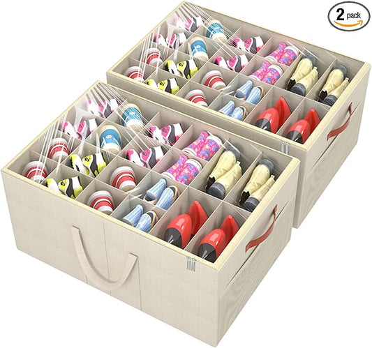 Aokeyee 2 Pack Shoe Organizer for Closet, Large Shoe Storage Box Fits up to 48 Pairs, Space Saving Foldable Shoes Organizer Bin w/Clear Cover and 4 Reinforced Handles, Beige
