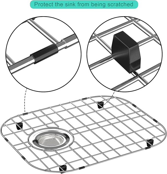 SANNO Kitchen Sink Protectors,Sink Grid with Rear Drain Hole, Double Sink Rack, 16.14"*13",Stainless Steel
