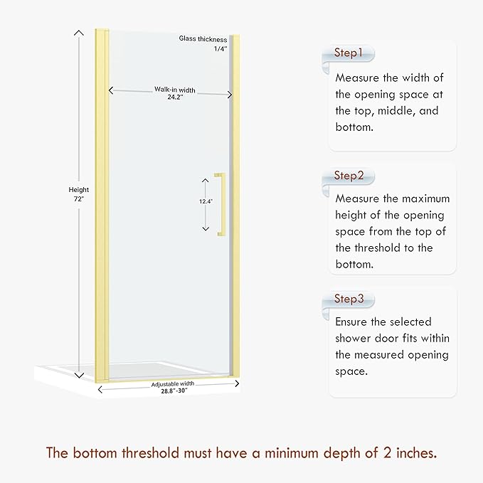 Frameless Pivot Shower Door 28.8-30" W X 72" H, 1/4" (6mm) Clear SGCC Tempered Glass, Hinged Pivot Swing Shower Door, Reversible Installation, Easy to Clean, Brushed Gold