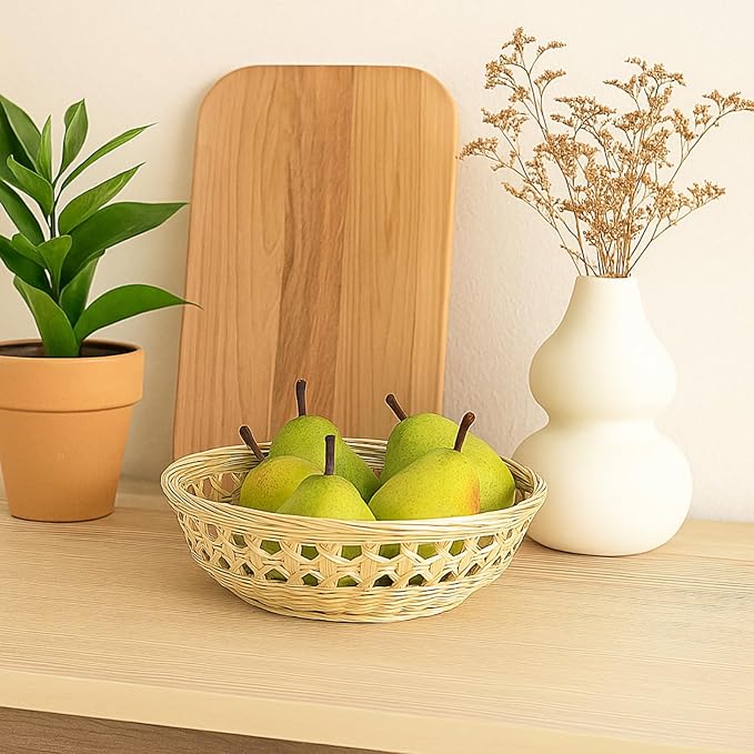 ZENFUN 3 Packs Round Woven Bread Basket, Bamboo Serving Trays, Handwoven Baskets Fruit Basket, Rattan Serving Baskets for Daily Dinning, Kitchen Organization, Stackable