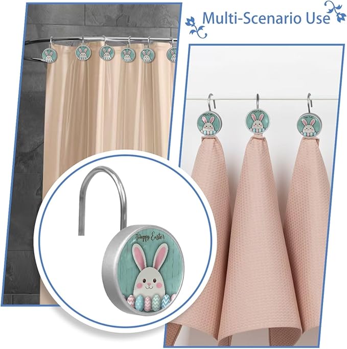 Rural Teal and Easter Bunny Crystal Glass Shower Curtain Hooks for Bathroom Shower Rod, 12Pcs Round Home Decorative Shower Curtain Rings, Bathroom Bedroom Living Room Accessories