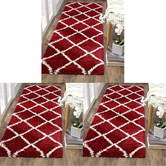 Safavieh Hudson Shag Collection Accent Rug - 2' x 3', Red & Ivory, Modern Trellis Design, Non-Shedding & Easy Care, 2-inch Thick Ideal for High Traffic Areas in Foyer, Living Room, Bedroom (SGH281R)