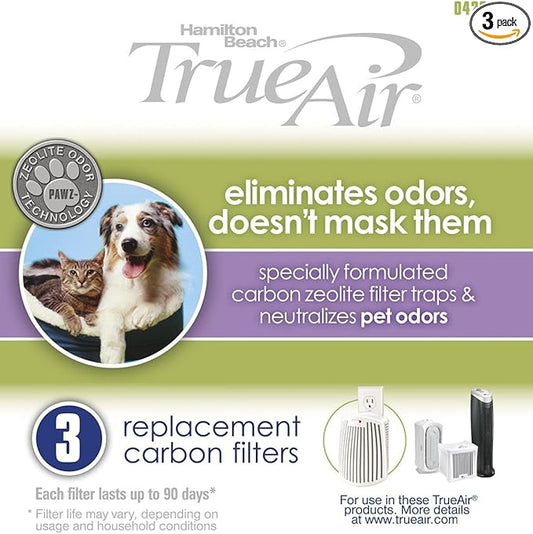 Hamilton Beach TrueAir Replacement Carbon Filter for Odor Eliminators, Neutralizes Pet Smells, 3-Pack (04234G), 5.8 x 1.8 x 6.8 inches , White