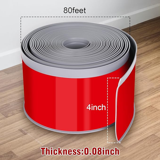 Vinyl Baseboard Molding Trim 4 Inch x 80 Feet Peel and Stick Baseboard Trim Flexible PVC Cove Base Moulding Self-Adhesive Trim for Garage Bathroom Cabinet Floor Walls, Gray