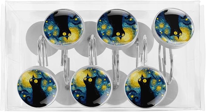 12 Packs Abstract Starry Sky Cat Shower Curtain Hooks, Stainless Steel Glass Shower Curtain Rings for Bathroom Decor, Metal Rustproof Curtain Rod Hooks