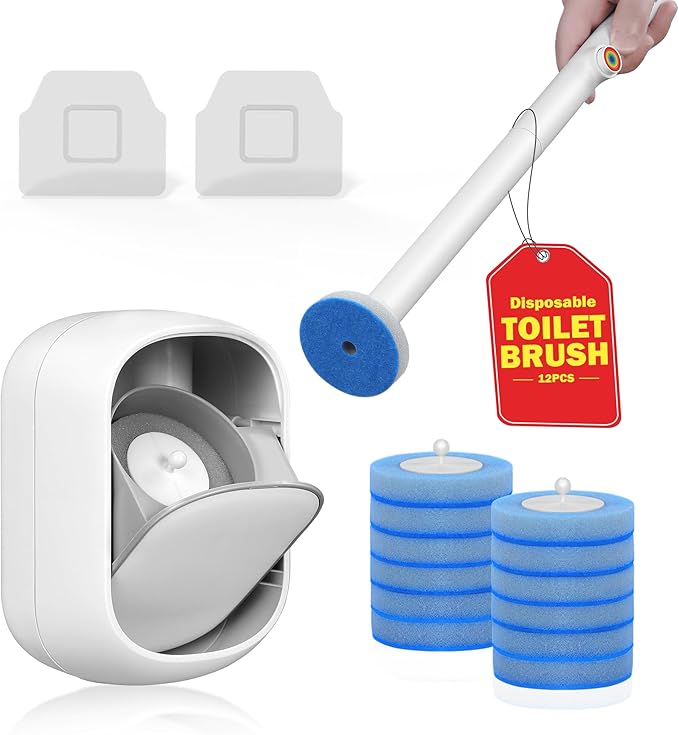 Toilet Cleaner Wand, Disposable Toilet Brush and Holder Set, Toilet Bowl Cleaner Brush, Wall Mounted Toilet Brush Set, Toilet Wand Kit with 12 Refill Heads, Toilet Wand Holder for Home and RV Use