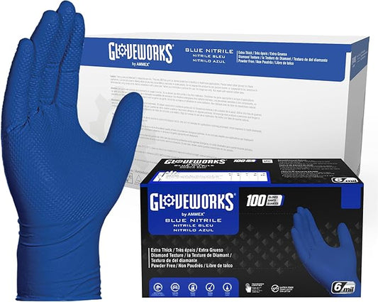 GLOVEWORKS HD Royal Blue Nitrile Industrial Disposable Gloves, 6 Mil, Latex-Free, Raised Diamond Texture, Large, Box of 100