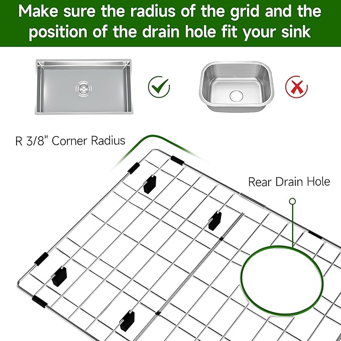 Stainless Steel Sink Protector 26-1/8" x 14-1/8" with Rear Drain, Metal Sink Rack for Bottom of Sink, Kitchen Sink Grate and Sink Protectors with Sink Strainer (26-1/8" x 14-1/8" - Rear Drain)