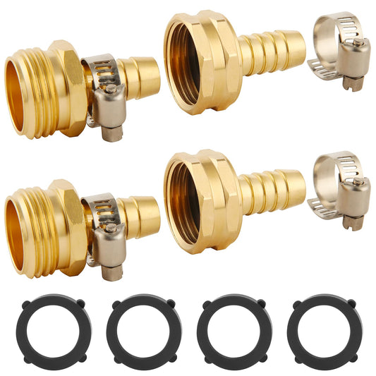 2 Set 1/2 Inch Brass Garden Hose Repair Connector Kit with Clamp - Image 1
