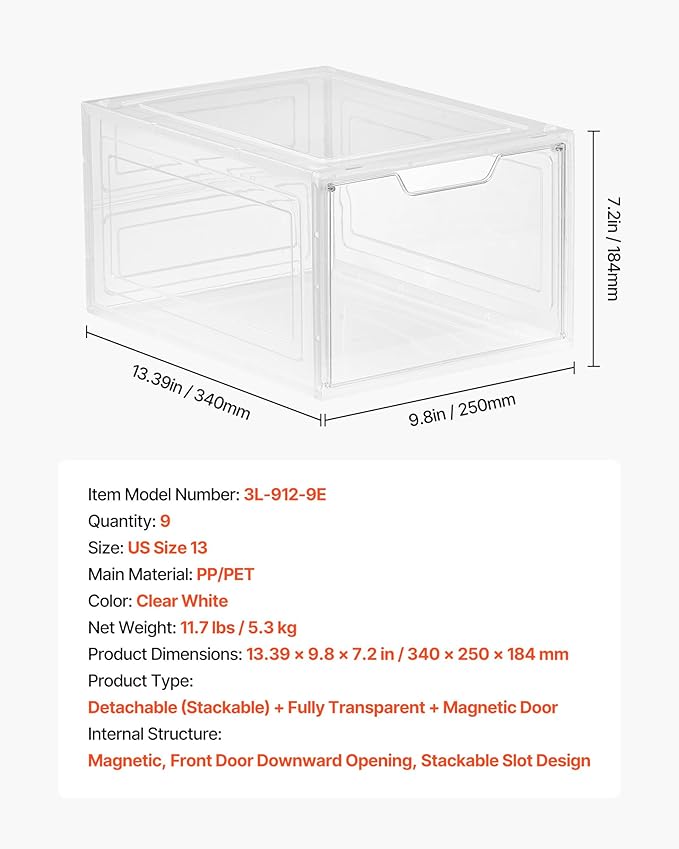 VEVOR Shoe Storage Boxes, 9 Pack Clear Stackable Shoe Boxes Storage Organizers with Magnetic Door, Fit up to US Size 13, Plastic Sneaker Containers for High Heels, Boots, and Hats, Transparent White