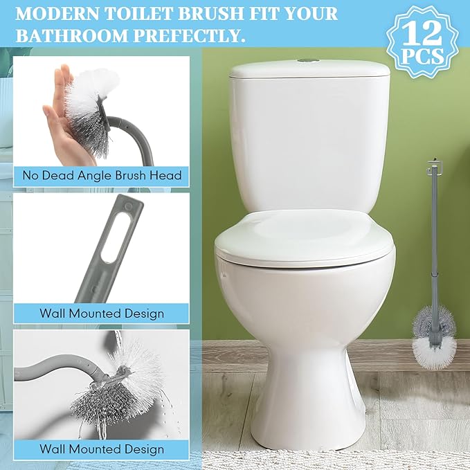 12 Pcs Curved Toilet Bowl Brush Bulk Bathroom Deep Cleaning Toilet Cleaner Scrubber Without Holder Handle Curved Brush Hanging Under Rim Household Cleaning for Bathroom(Gray)
