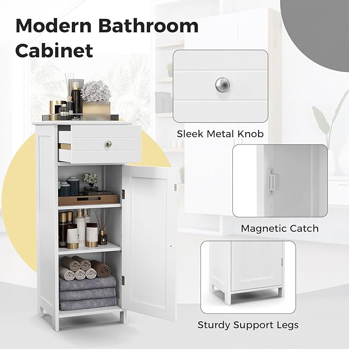 NAFORT Bathroom Floor Cabinet, Freestanding Wooden Side Storage Cabinet with Drawer & Adjustable Shelves, Slim Storage Organizer for Bathroom, Living Room, Kitchen
