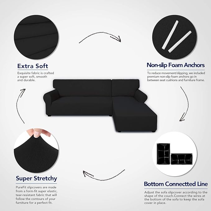 PureFit Super Stretch Sectional Couch Covers - 2 pcs Spandex Non Slip Sofa Covers with Elastic Bottom for L Shape Sectional Sofa Couch, Great for Kids & Pets (3 Seat Sofa + 3 Seat Chaise, Black)