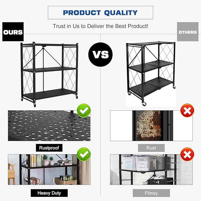 3-Tier Foldable Storage Shelf with Wheels | Metal Rack Collapsible Shelving Display | Rolling Cart for Books Kitchen Storage Shelves | Pantry & Closet Organizer | Office Room Decor